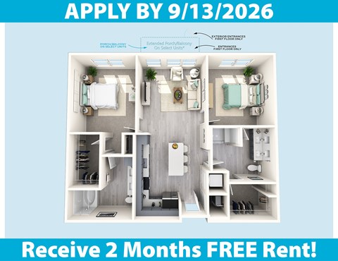 Floor plan for 2 beds, 2 baths, 1058 sqft